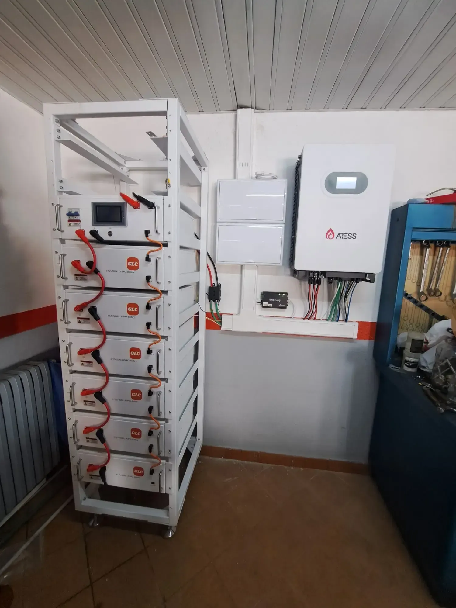 Paneles de control eléctrico y bastidor de baterías en un cuarto de servicio con puertas de armario abiertas.