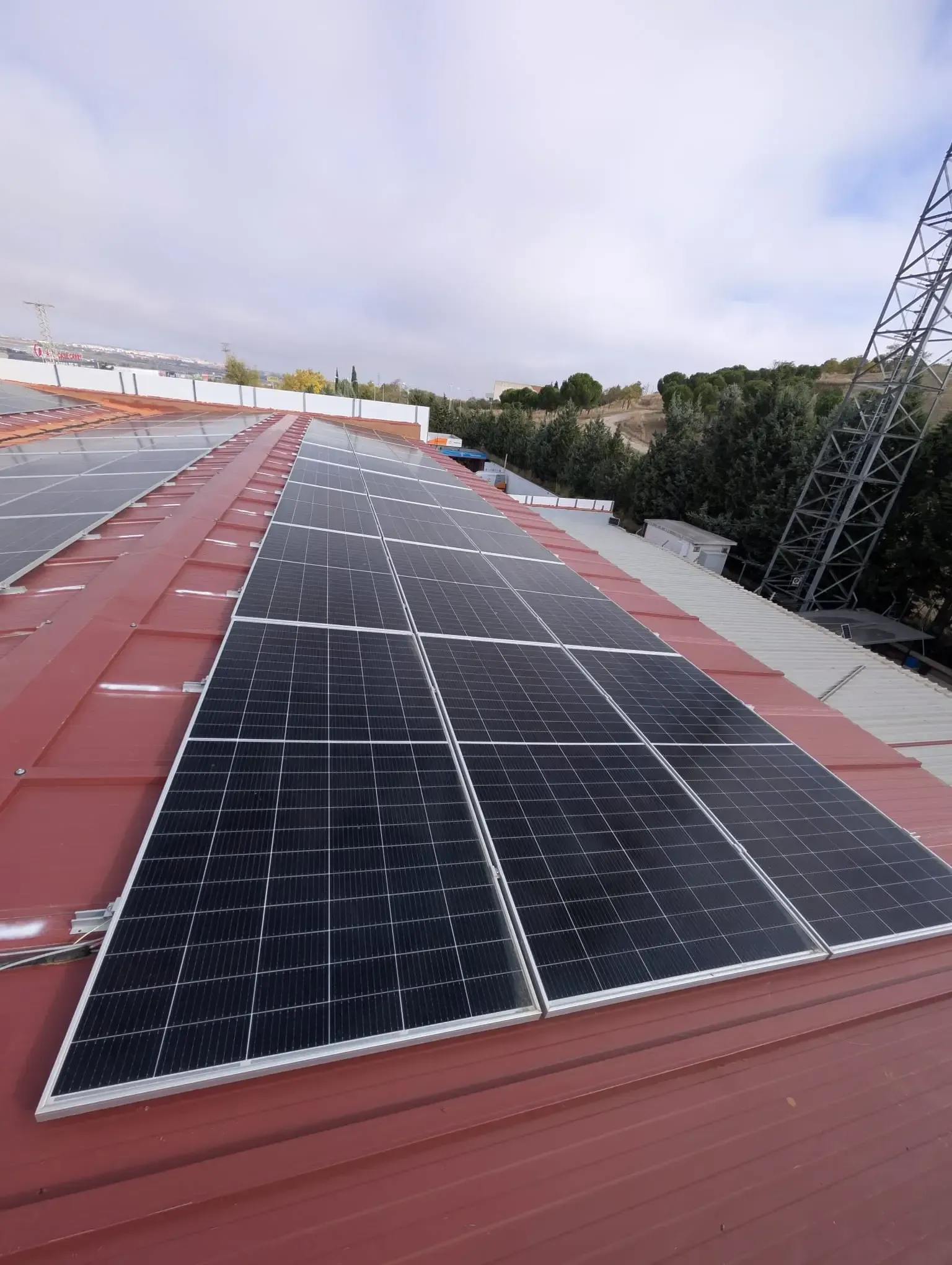 Hileras de paneles solares en una azotea bajo un cielo nublado.