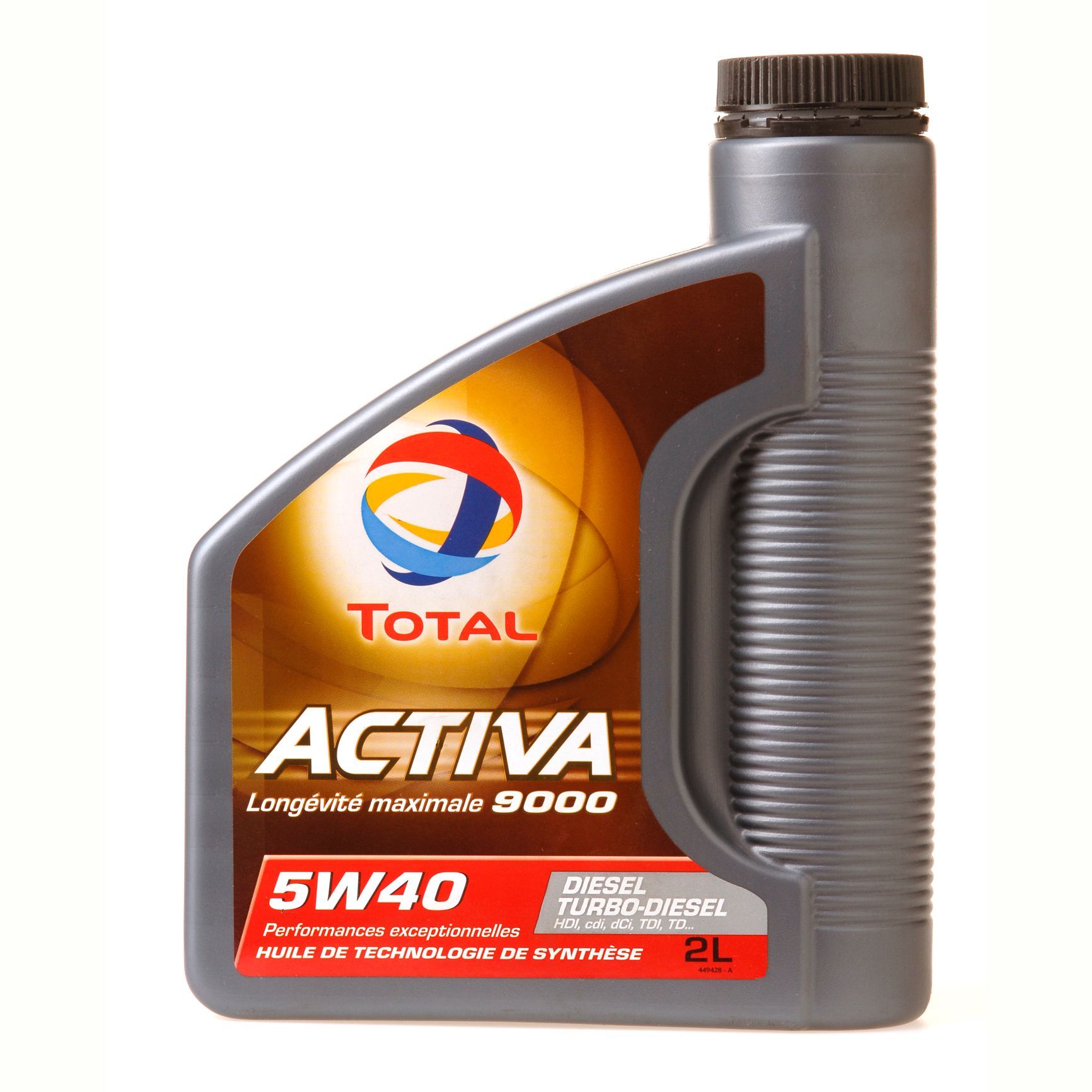 Bidon d'huile moteur Total Activa 9000 5W40, contenant gris et rouge avec bouchon noir