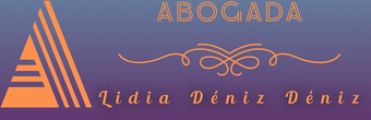 Logotipo con triángulo naranja y texto “ABOGADA” y “Lidia Déniz Déniz” sobre fondo azul-violeta degradado.