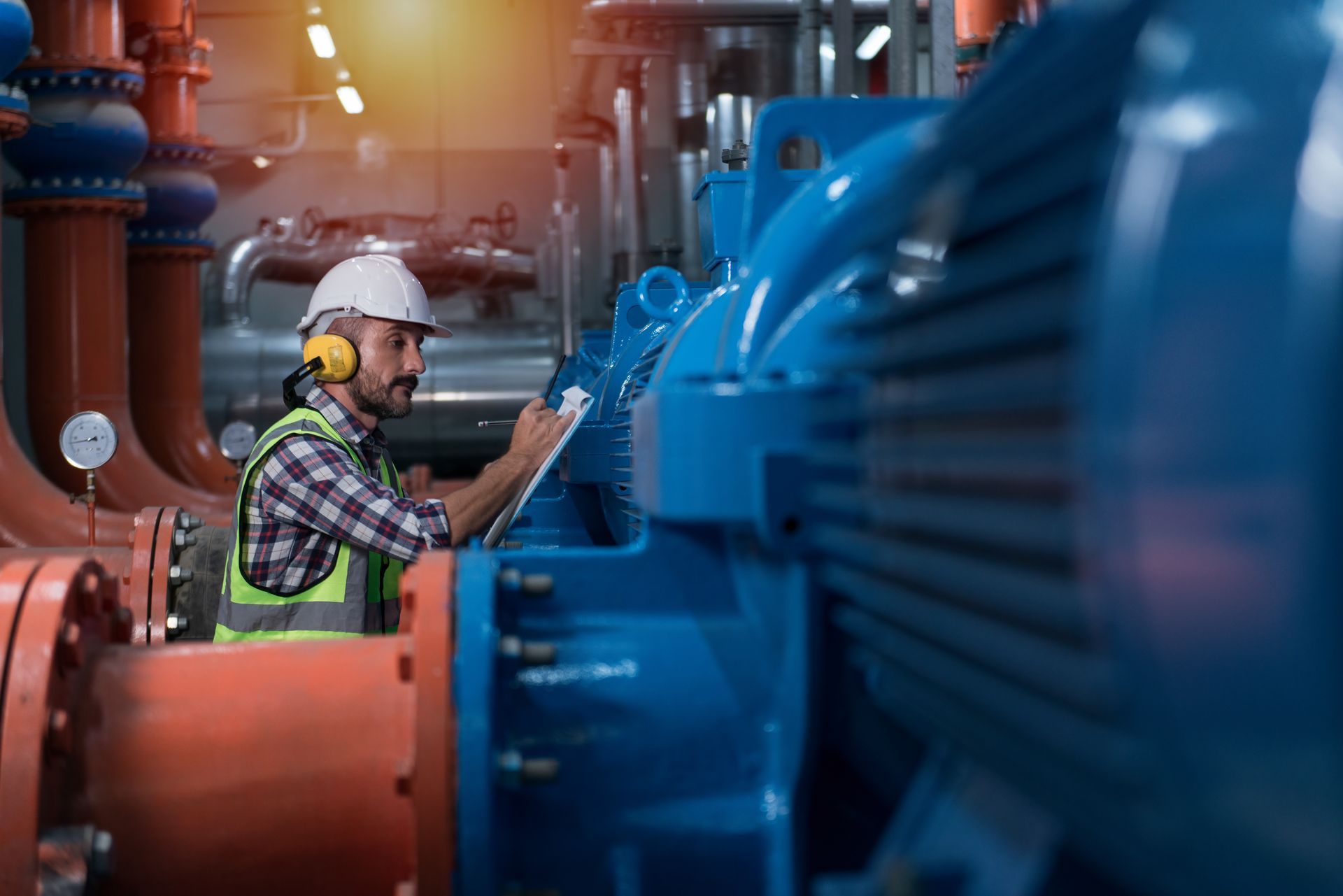 Ingénieur portant un casque de chantier, des protections auditives et un gilet de sécurité inspectant des équipements en milieu industriel ; il prend des notes sur un bloc-notes.
