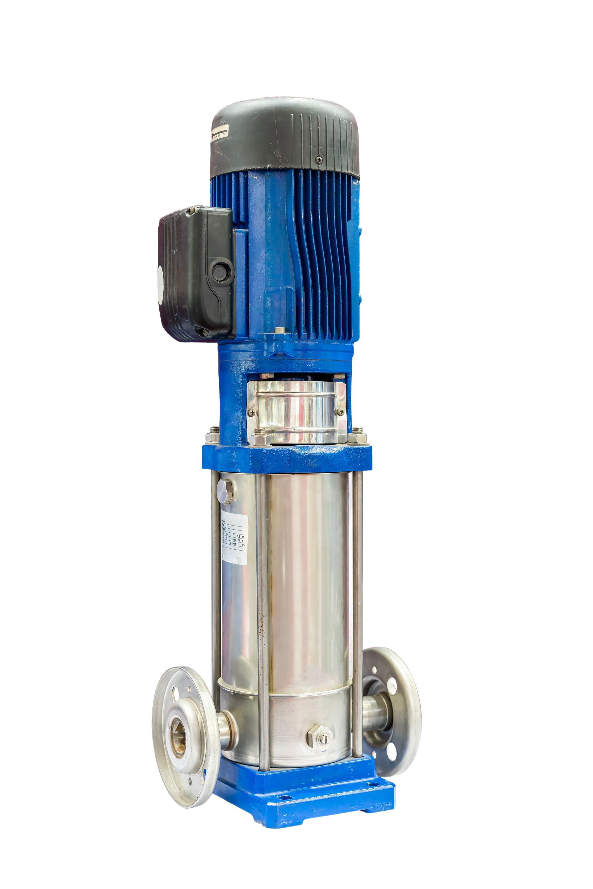 Pompe centrifuge verticale bleue et argentée.