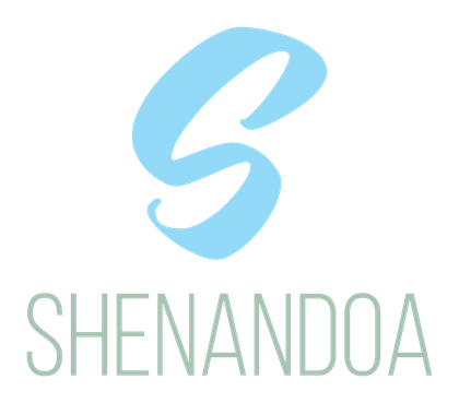 Logotipo de limpieza de Shenandoa con arcos azules y verdes, estrellas y el texto "LIMPIEZA Y MANTENIMIENTO".