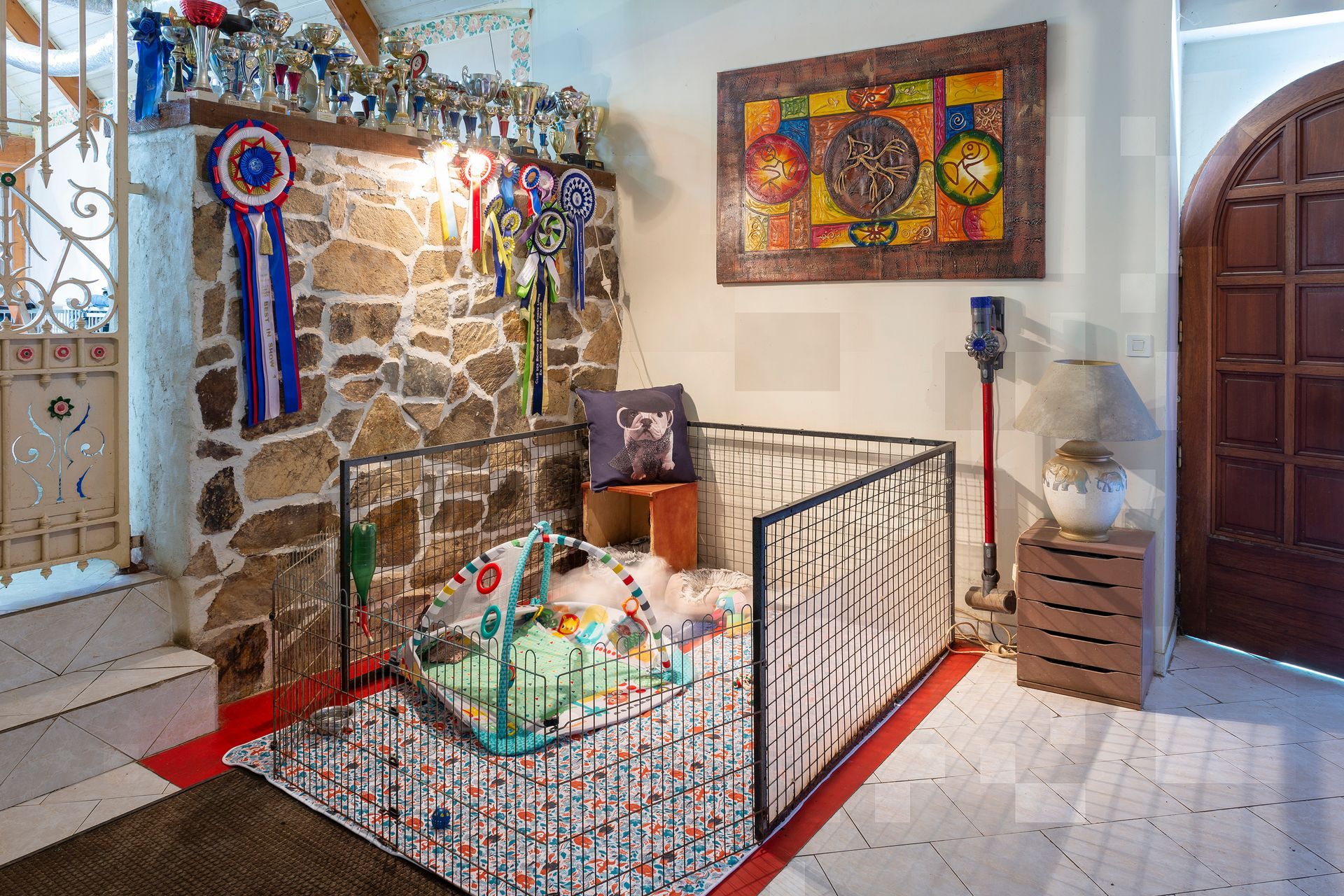 Parc pour les bébés chiens avec de nombreuses récompenses à côté