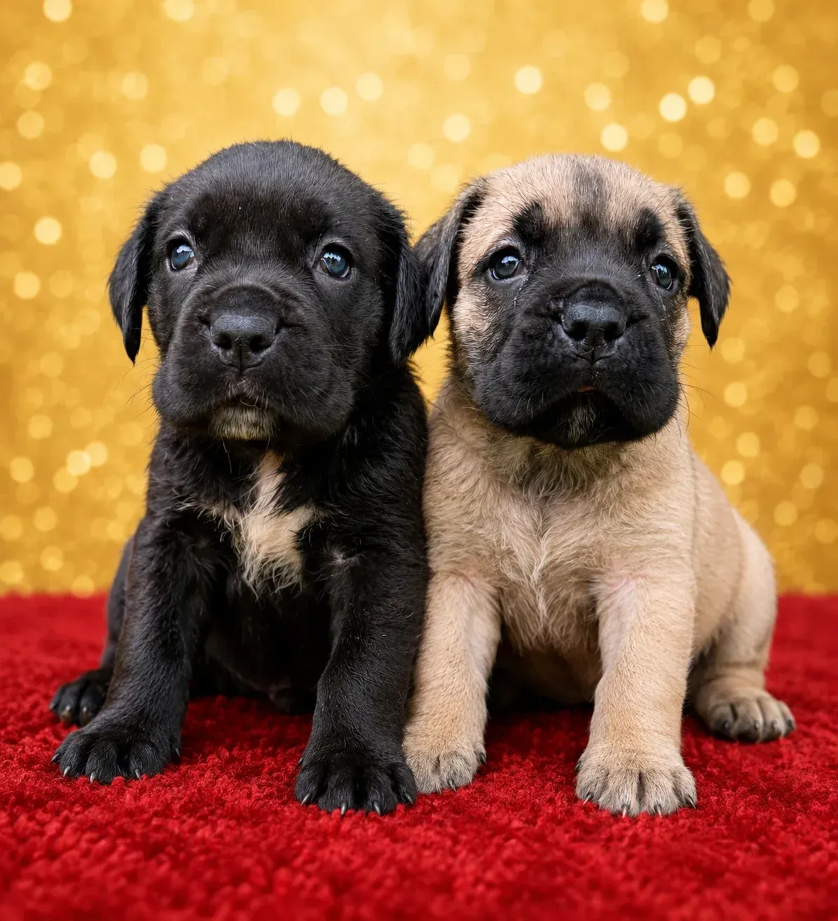 Deux chiots sur un tapis rouge