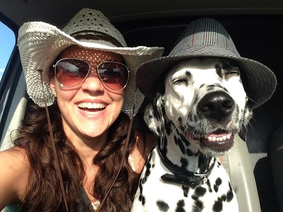 Propriétaire et son dalmatien prenant la pose avec des chapeaux