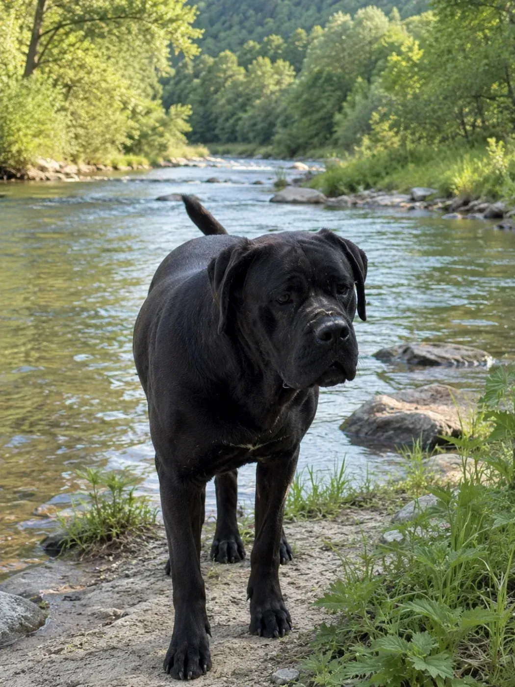 Chien noir devant une rivière