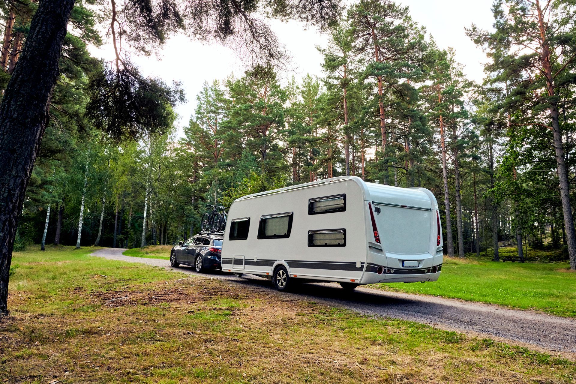 Voiture qui tracte une caravane dans les bois