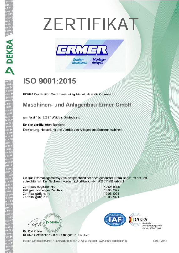 ISO 9001:2015 certificate for ERMER Maschinen- und Anlagen-Erms GmbH on a white and green background