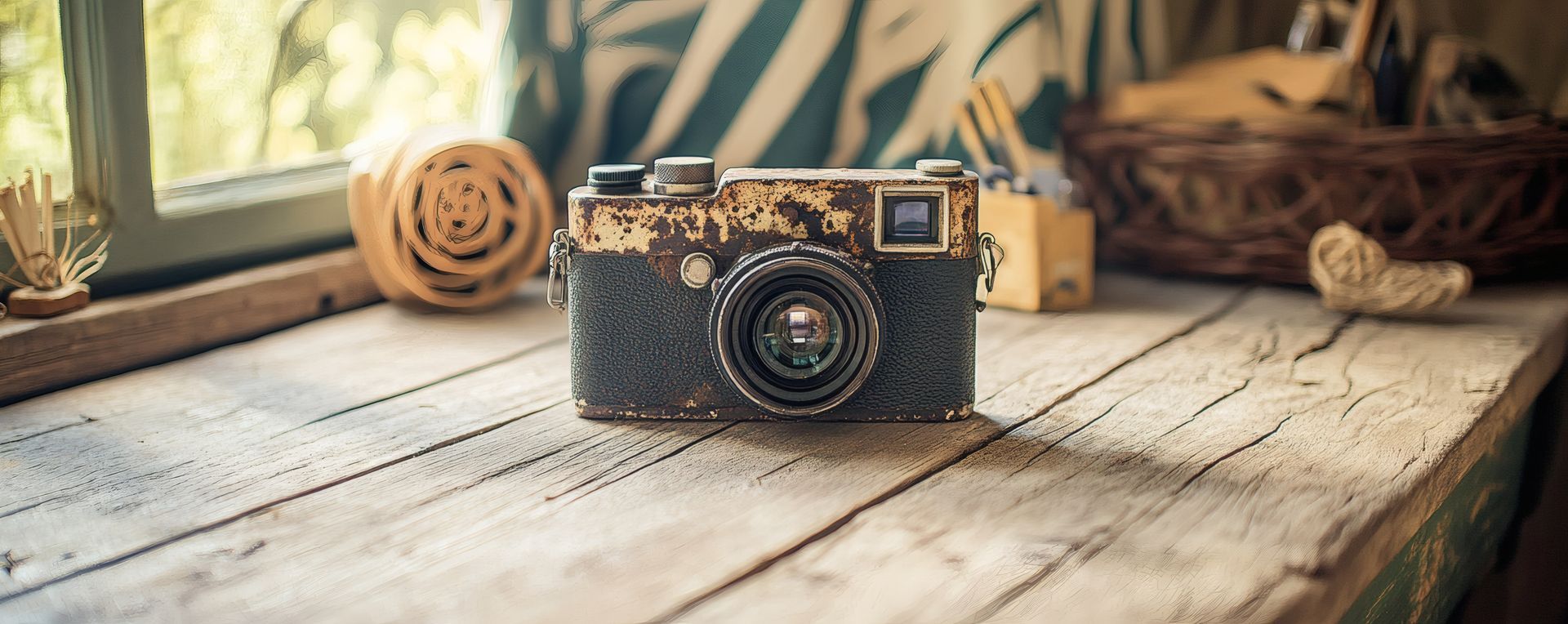 Un vieil appareil photo usé par le temps est posé sur une surface en bois, avec une fenêtre et un panier en arrière-plan.