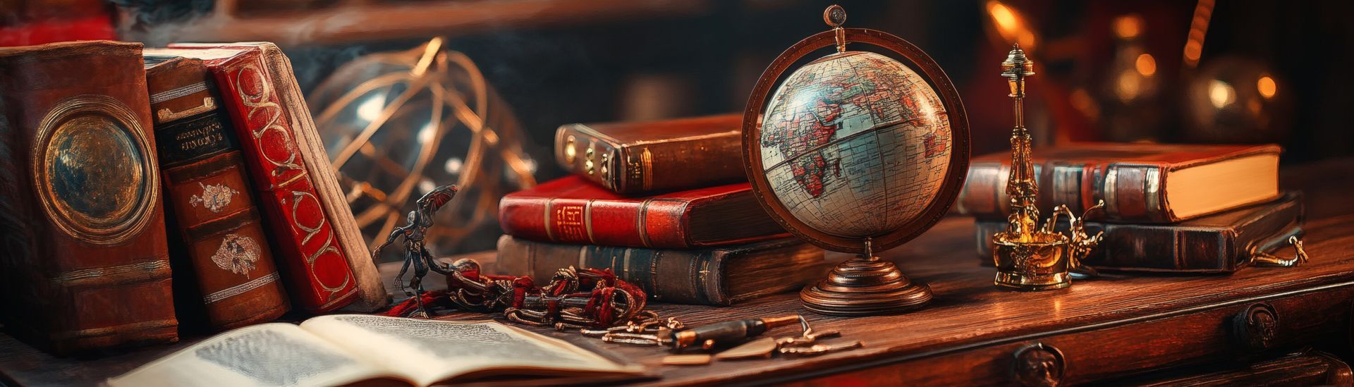 Un bureau de bibliothèque avec des livres, un globe terrestre et un instrument ancien.