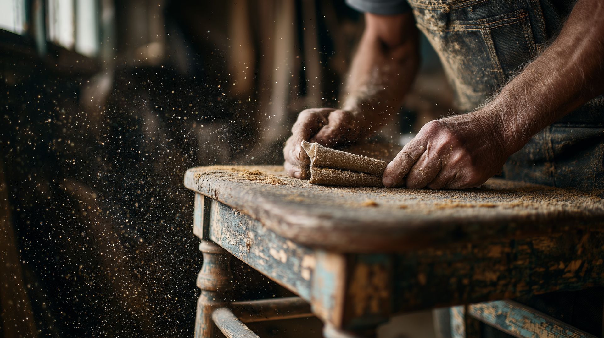 Une personne ponce une vieille table en bois patinée par le temps dans un atelier, de la sciure vole.