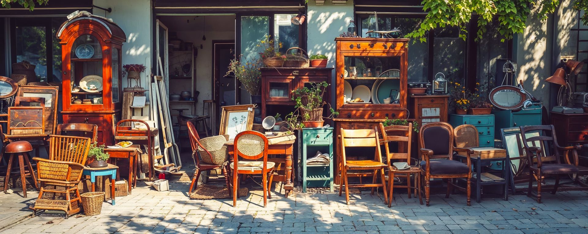 Extérieur d'un magasin de meubles anciens ; lumière du soleil sur une vitrine de chaises, de tables et d'armoires.