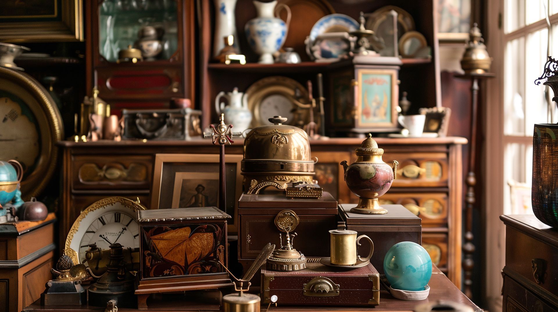 Intérieur d'un magasin d'antiquités rempli d'objets vintage variés, notamment des horloges, des vases et des objets décoratifs.