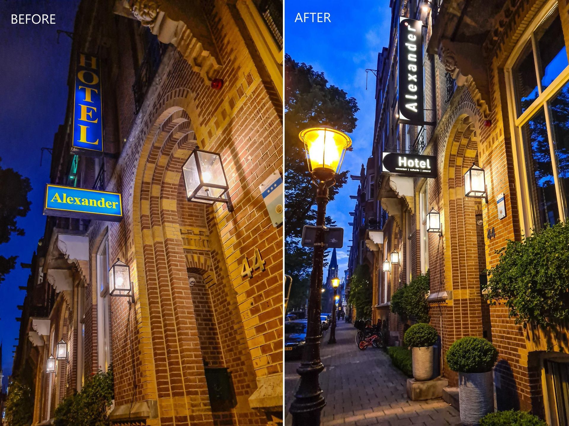 A before and after photo of the alexander hotel