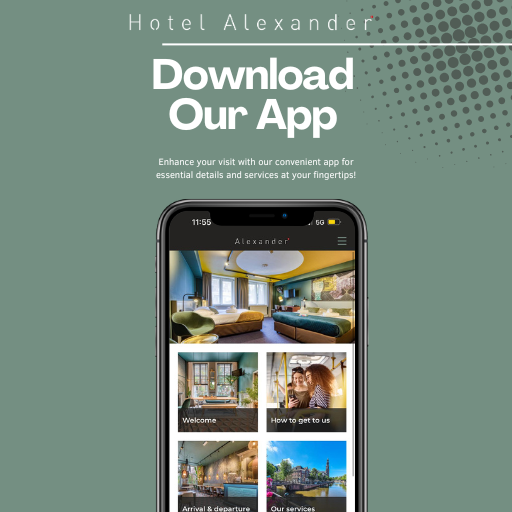 Download our app: promotional graphic with a phone showing the Hotel Alexander app