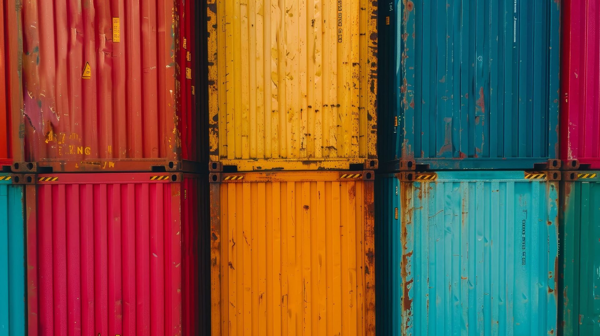 Contenedores de envío coloridos apilados juntos.