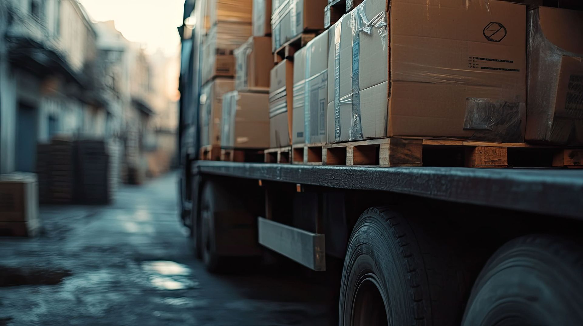 Plataforma de camión cargada con cajas de cartón sobre paletas en una calle de la ciudad.