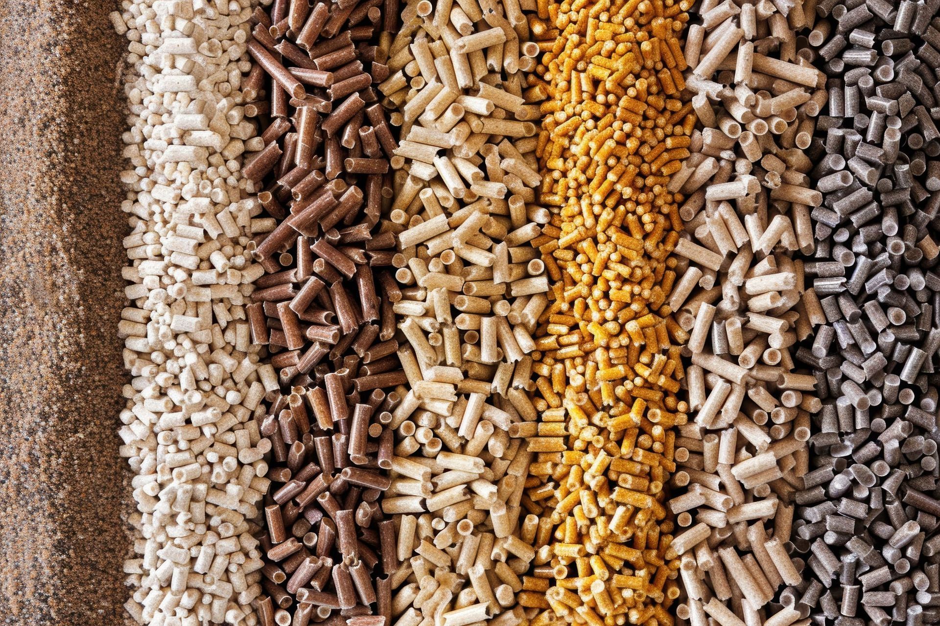 Filas de diversos pellets de alimento para animales en tonos marrón, tostado y amarillo.
