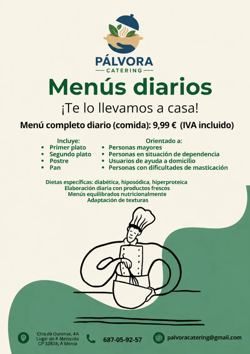 Folleto verde y crema de PÁLVORA con “Menús diarios” y dibujo de una persona cocinando en casa