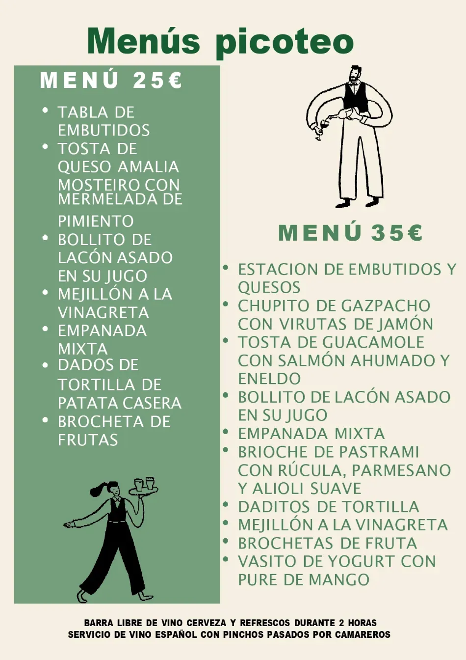 Menús picoteo en carteles verde y blanco con lista de platos y precios.