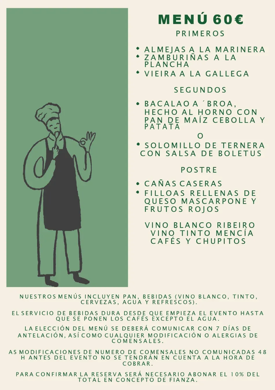 Menú ilustrado de restaurante de 60€ sobre fondo verde con los platos listados en español.
