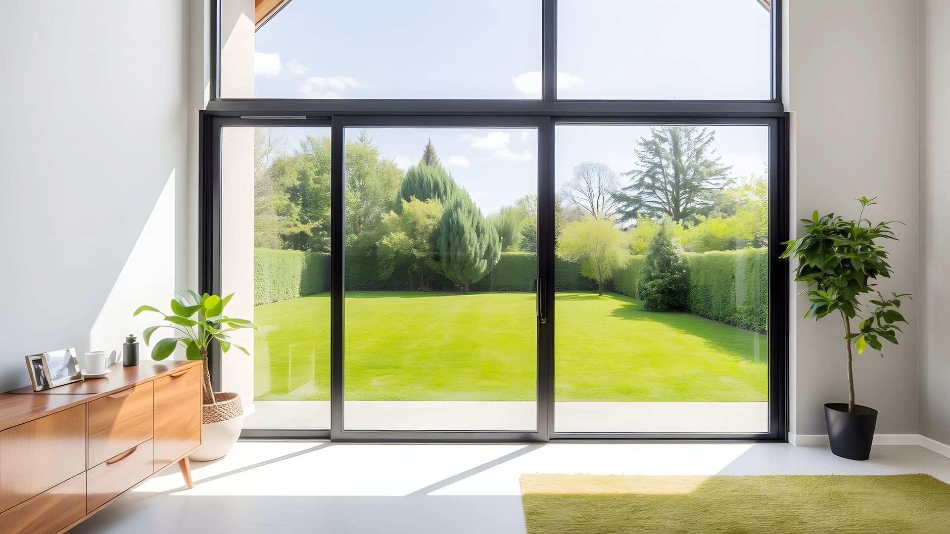 Baie vitrée dans une maison avec vue sur jardin