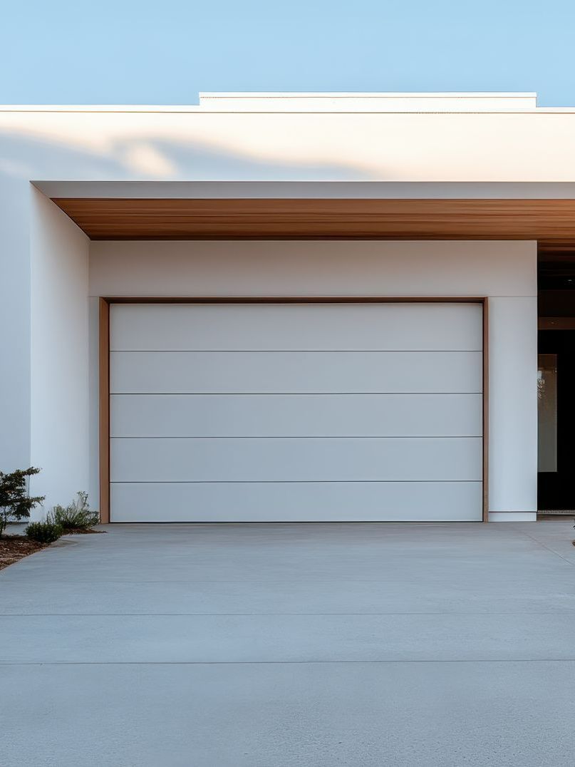 Porte de garage blanche à bandes horizontales