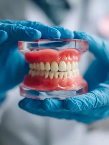 Manos con guantes azules sosteniendo un modelo de dentadura postiza en un entorno dental.