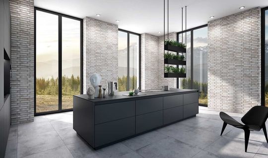 Moderne, minimalistische Küche mit dunkler Kochinsel, bodentiefen Fenstern, weißen Backsteinwänden und Hängepflanzen