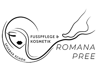 Logo für Romana Pree: Frauengesicht und -fuß mit dem Text „Fußpflege & Kosmetik“ und „Romana Pree“.