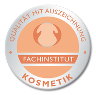 Badge with peach circle and text
