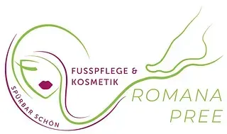 Logo für einen Fußpflege- und Kosmetikservice. Mit stilisiertem Gesicht, Fuß und dem Namen „Romana Pree“ in Grün und Lila.