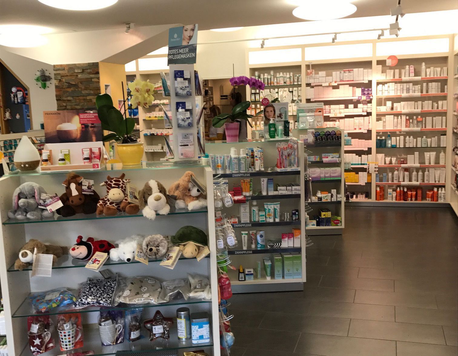Im Inneren einer Apotheke: Regale mit Medikamenten und anderen Produkten, Kuscheltiere ausgestellt, helle Beleuchtung.