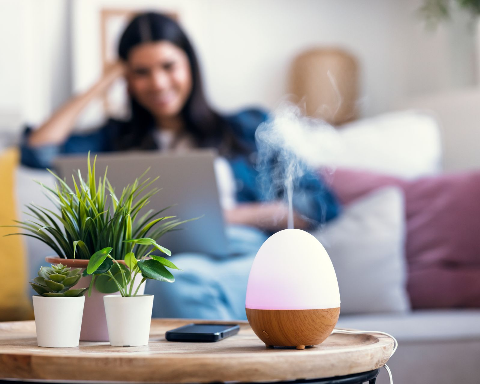 Diffuseur d'huiles essentielles posé sur une table basse à côté de plantes grasses