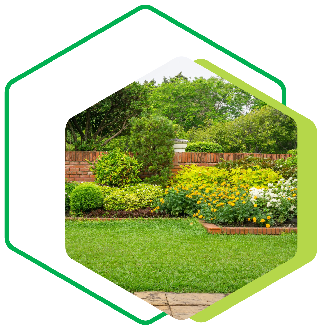 Jardin tondu avec massif floral