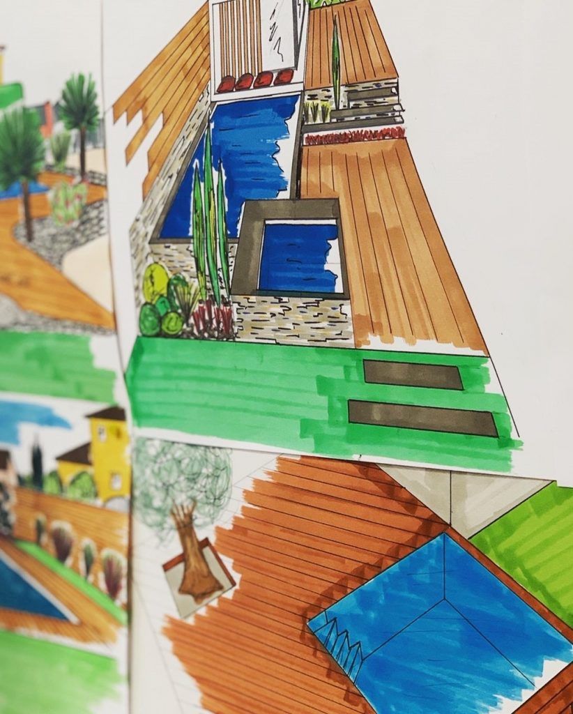 Dessin coloré d'un aménagement paysager 1