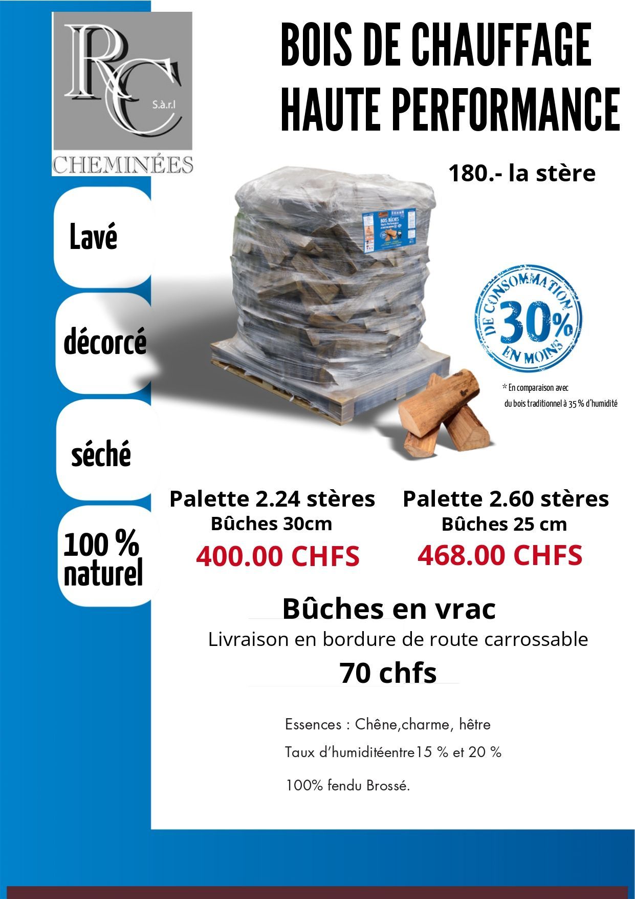 Une palette de bois de chauffage emballée dans du plastique, portant une étiquette bleue et blanche.