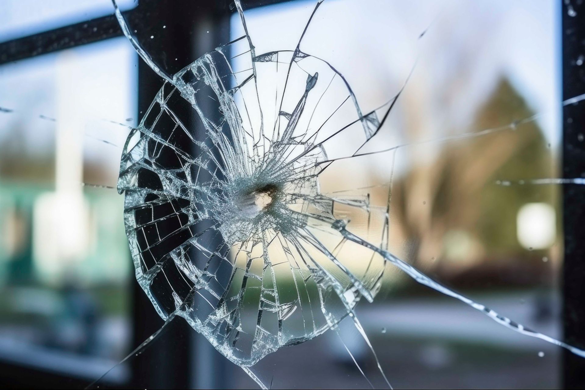 eine Nahaufnahme eines zerbrochenen Glasfensters mit einer Kugel darauf