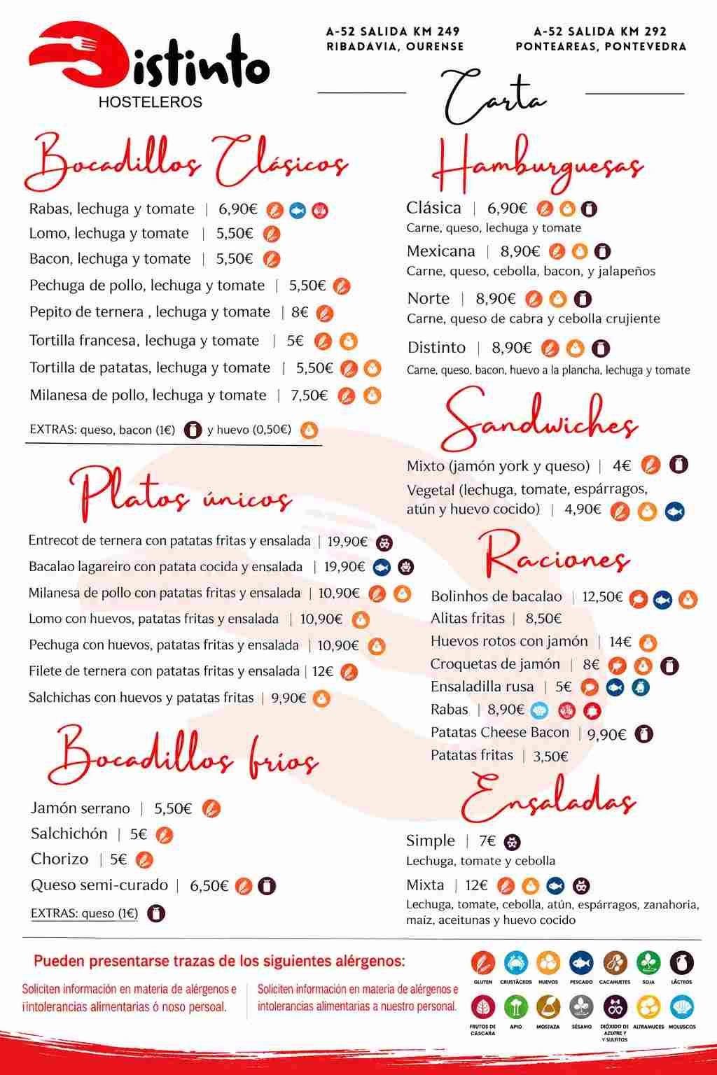 Carta de restaurante español con secciones de bocadillos, tapas, platos, hamburguesas, sándwiches, raciones y ensaladas.