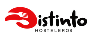 Logotipo de Disinto Hosteleros con un s&iacute;mbolo abstracto rojo de utensilios y texto negro sobre fondo blanco