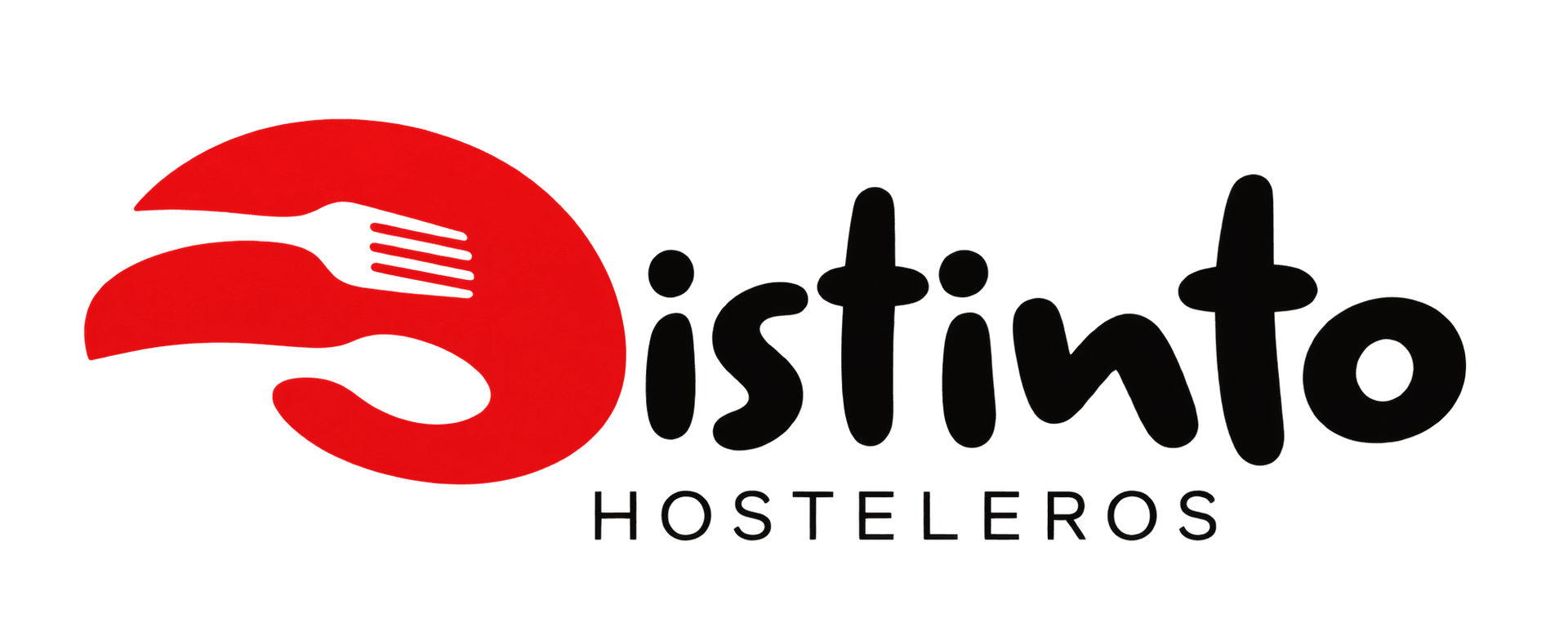 Logotipo de Disinto Hosteleros con un símbolo abstracto rojo de utensilios y texto negro sobre fondo blanco