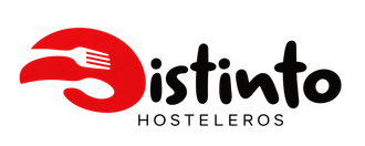 Logotipo de Disinto Hosteleros con un s&iacute;mbolo abstracto rojo de utensilios y texto negro sobre fondo blanco