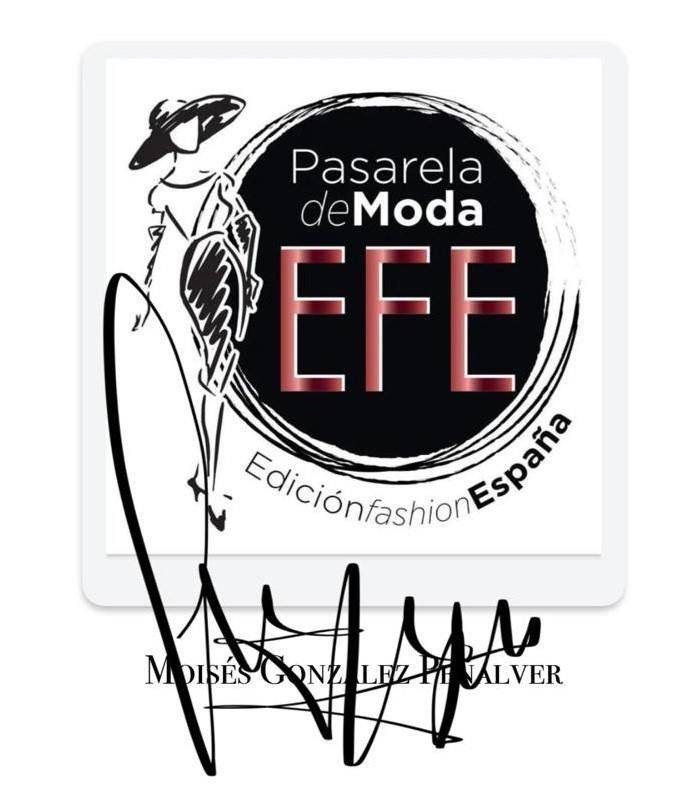 Logo de Pasarela de Moda EFE con texto blanco y rosa sobre c&iacute;rculo negro y firma en negro abajo