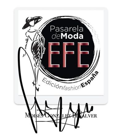 Logo de Pasarela de Moda EFE con texto blanco y rosa sobre c&iacute;rculo negro y firma en negro abajo