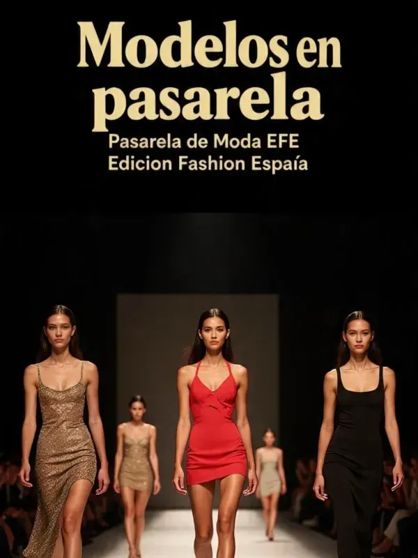 Desfile de moda con cinco modelos vestidas con vestidos negros y rojos bajo el título “Modelos en pasarela”.