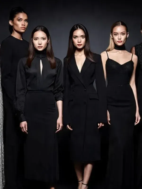 Cuatro modelos con vestidos negros posando frente a un fondo de estudio oscuro.