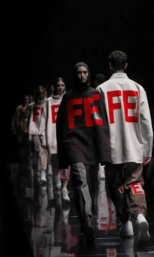 Fila de artistas enmascarados con túnicas negras y letras rojas de EFE marchando entre confeti que cae