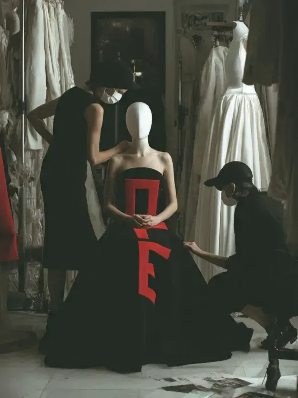 Escena de moda con un maniquí con un vestido negro, letras rojas y diseñadores ajustando el vestido en un estudio.
