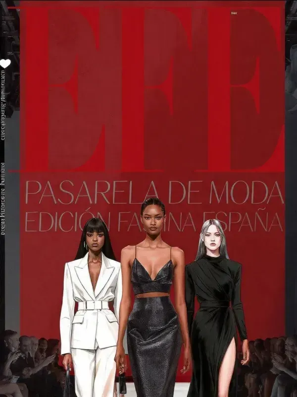 Tres modelos desfilando en una pasarela frente a un telón de fondo rojo con la inscripción 